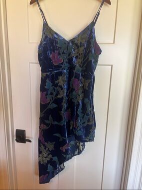 navy blue dress for baby girl Lulus Evenings with You Dark Teal Floral Velvet Asymmetrical Dress New  Small main image 1